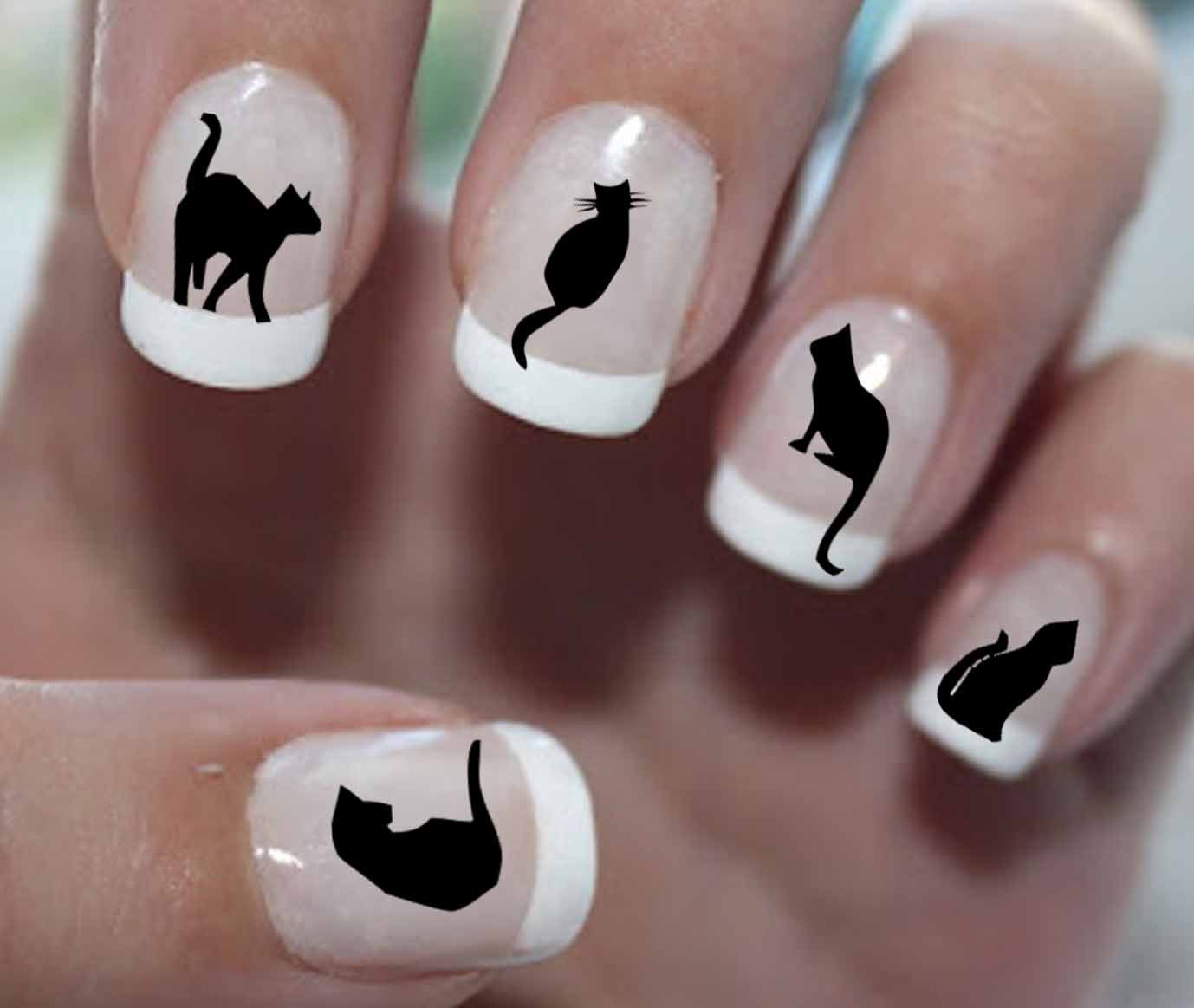 White Tip Nails With Black Cats Nail Art Design Idea