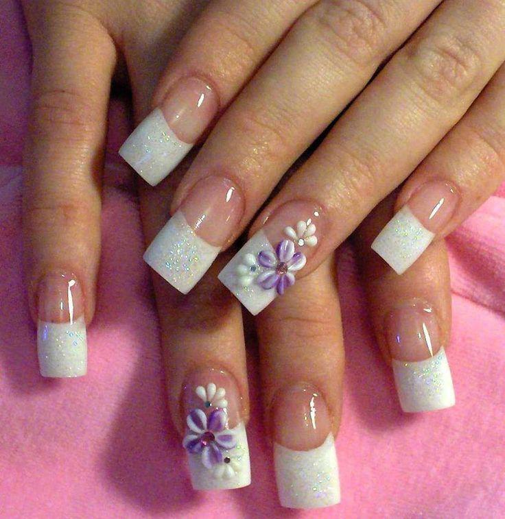 White Tip Nails With Purple 3d Flowers Design Wedding Nail Art