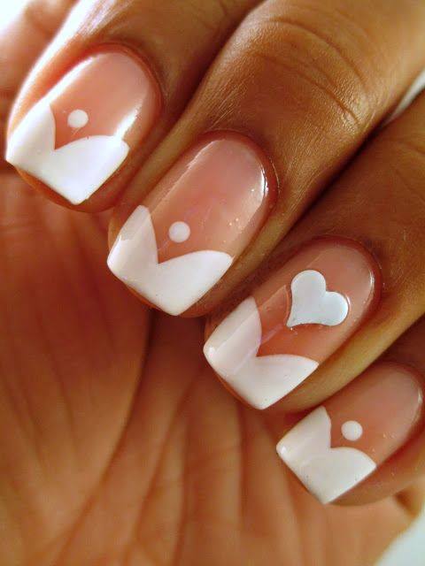White Tip With Accent 3d Heart Wedding Nail Art