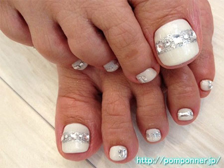 White Toe Nails Rhinestones Design