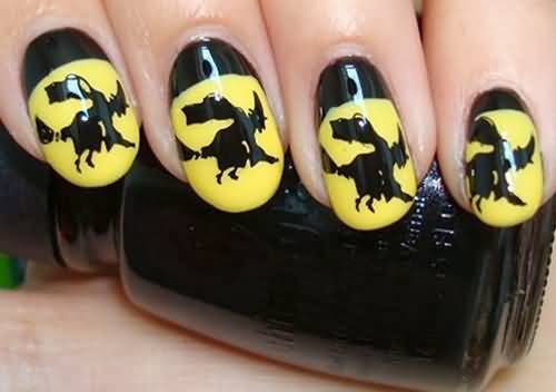 Witch On Broom Halloween Nail Art
