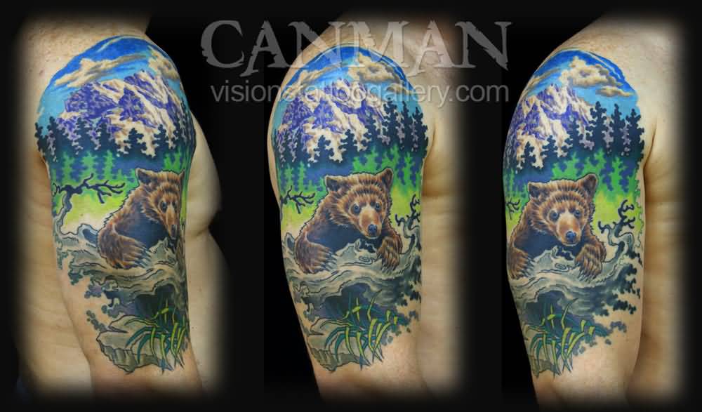 Wonderful 3D Mountains Scenery With Bear Tattoo On Right Half Sleeve