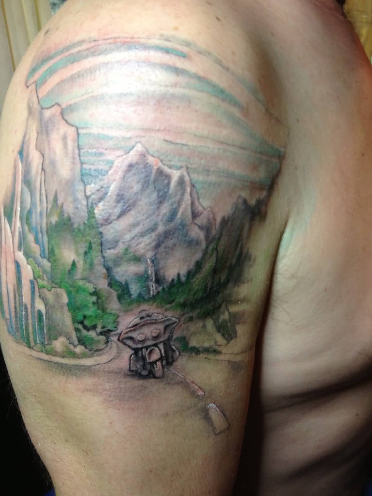 Wonderful 3D Mountains With Trees And Robot Tattoo On Left Shoulder