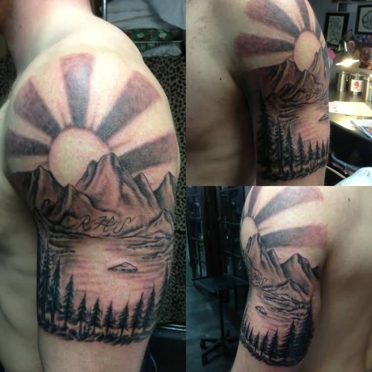 Wonderful Black And Grey Mountains Scenery Tattoo On Left Half Sleeve By Russell Fortier