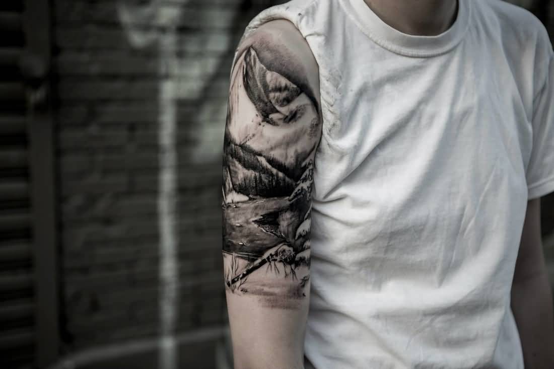 Wonderful Black And Grey Mountains Tattoo On Half Sleeve