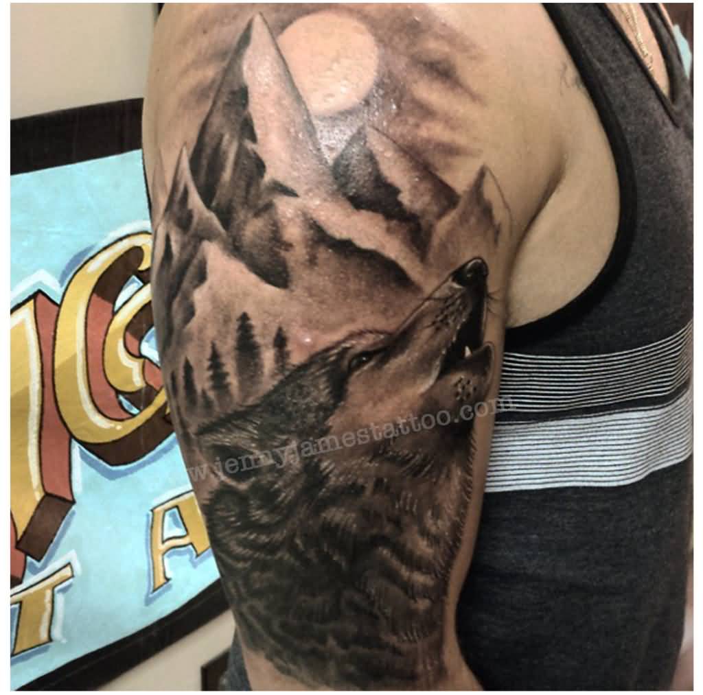 Wonderful Black And Grey Mountains With Wolf Tattoo On Right Half Sleeve