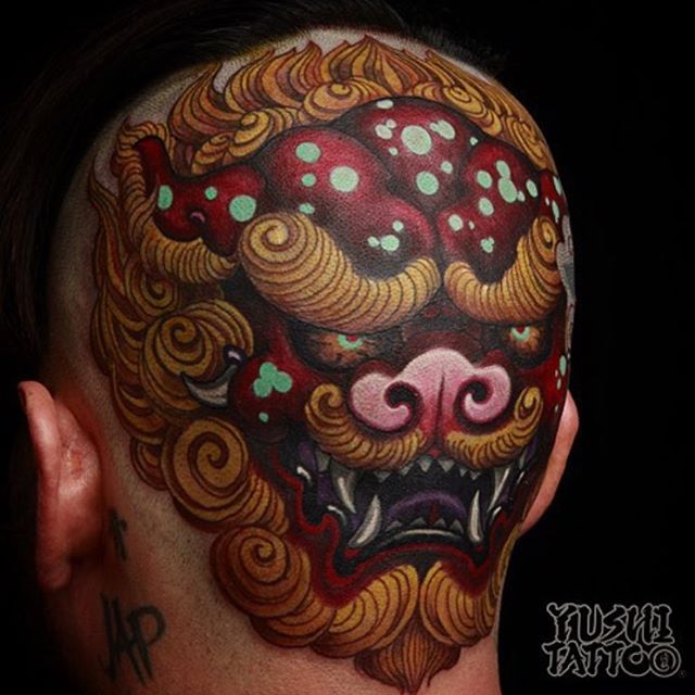 Wonderful Chinese Foo Dog Face Tattoo On Back Head By Yushi