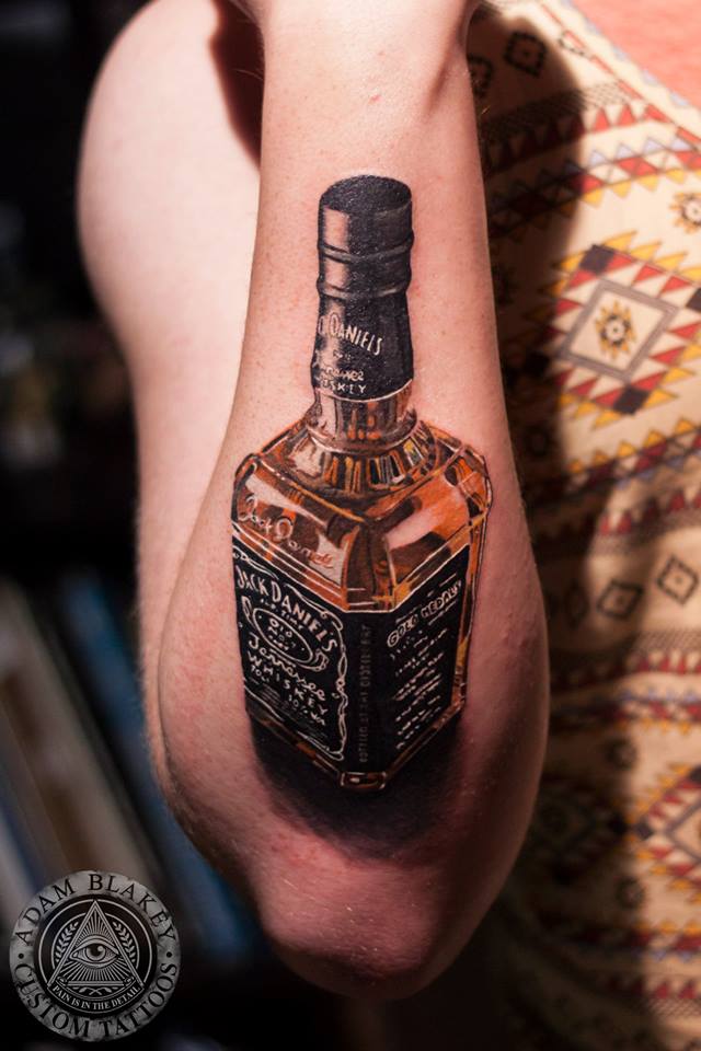Wonderful Jack Daniel Bottle Tattoo On Arm Sleeve