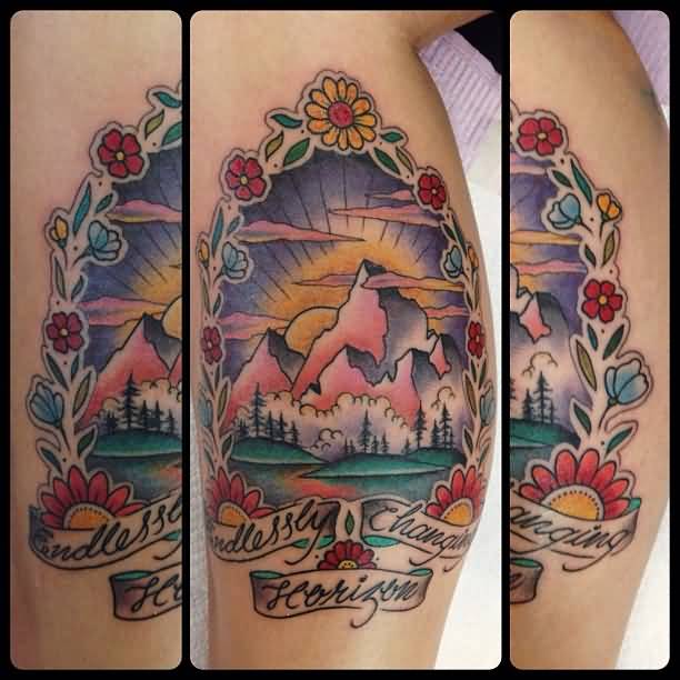 Wonderful Mountains View In Flower Shape Traditional Tattoo