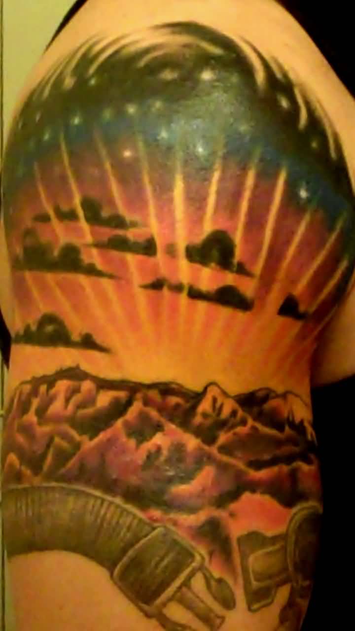 Wonderful Mountains With Clouds Tattoo On Left Shoulder