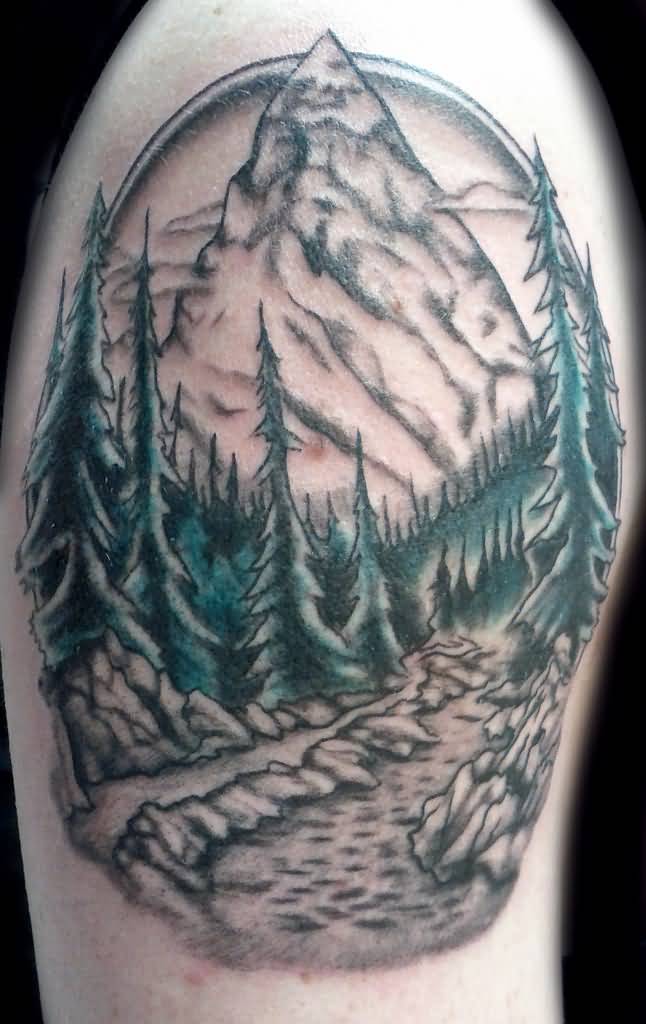 Wonderful Pine Trees And Mountains In Circle Tattoo