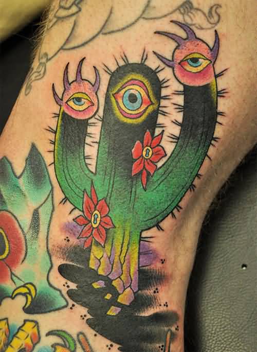 Wonderful Saguaro Cactus Having Eyes Traditional Tattoo