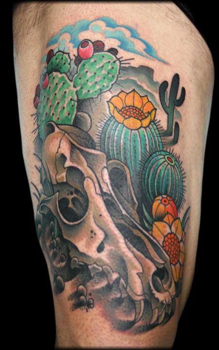 Wonderful Skull With Cactus Plants And Clouds Tattoo