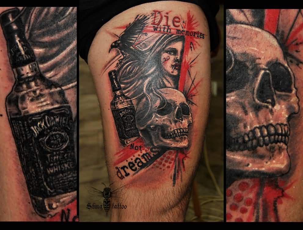 Wonderful Skull With Lady And Jack Daniel Bottle Tattoo On Thigh