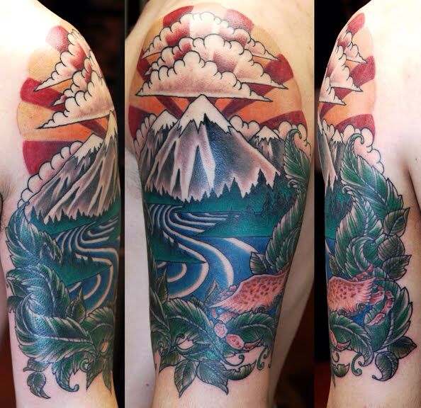 Wonderful Traditional Mountains With Clouds And Leaves Tattoo On Left Half Sleeve