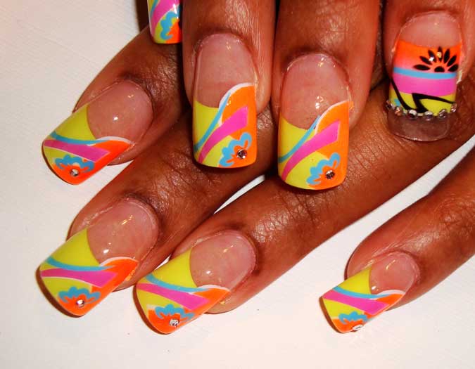 Yellow French Tip Nails With Pink And Blue Neon Stripes Design