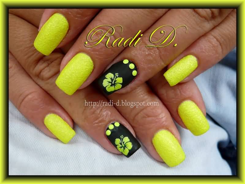 Yellow Neon And Black Nail Art Design Idea