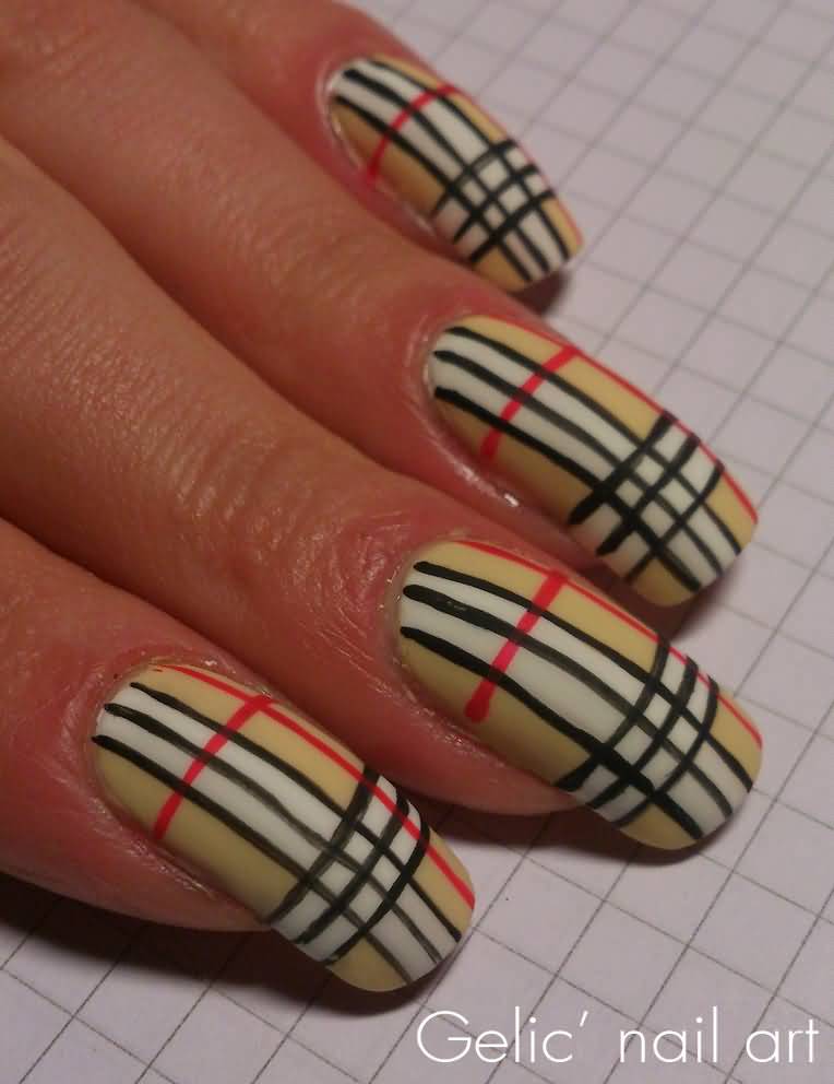 Yellow Red And Black Stripes Design Burberry Nail Art