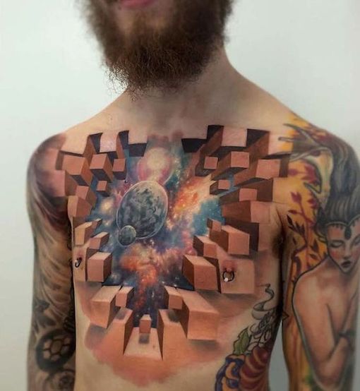3D Universe Tattoo On Man Chest