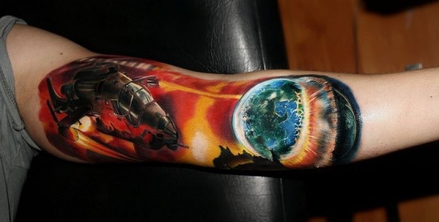 3D Universe Tattoo On Man Left Half Sleeve