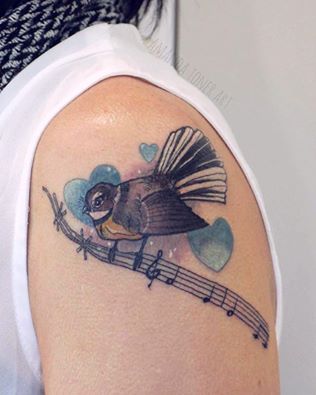Abstract Music Notes And Bird Tattoo On Shoulder by Amanda Toner Art