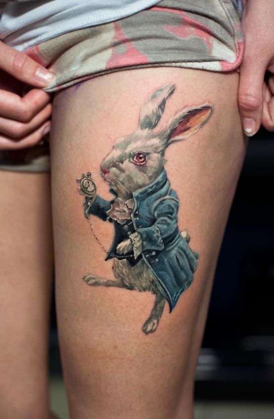 Alice in Wonderland Bunny Tattoo On Left Thigh