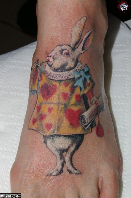 Alice in Wonderland White Bunny Tattoo On Left Foot