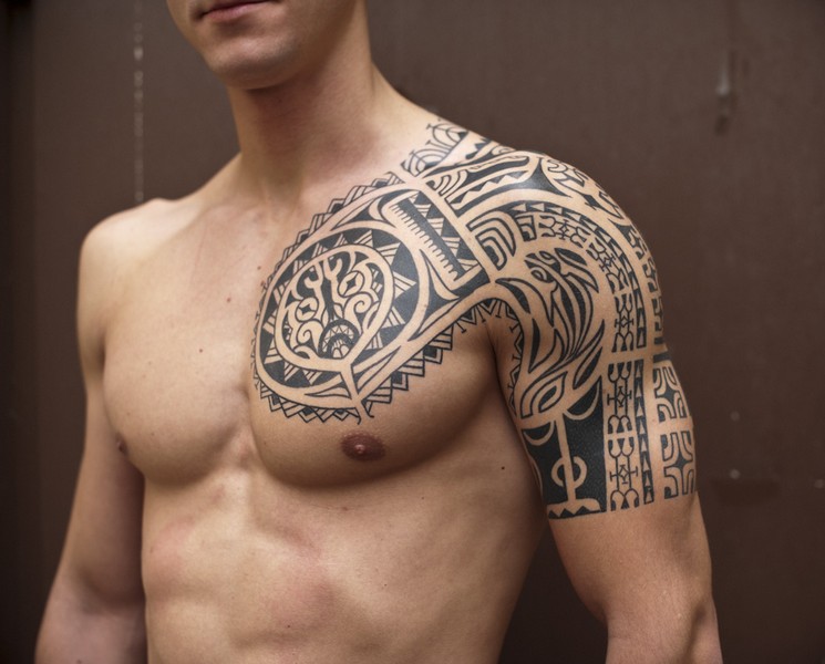 Amazing Black Ink Polynesian Tribal Tattoo On Left Half Sleeve