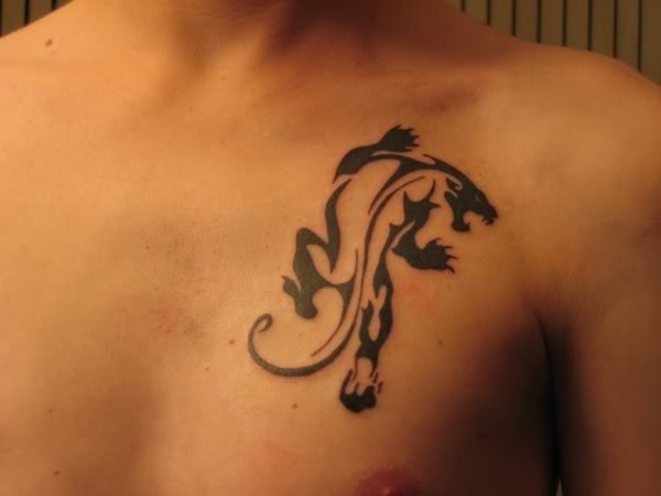 Amazing Small Tribal Panther Tattoo On Chest
