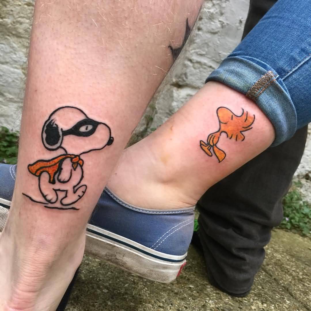 Amazing Snoopy Matching Tattoos On Legs
