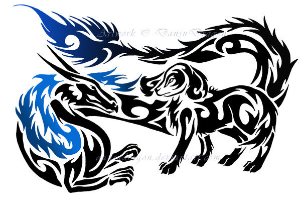 Amazing Tribal Blue And Black Dragon With Spaniel Tattoo Design