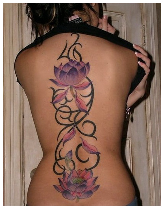 Amazing Tribal Design With Purple Flowers Tattoo On Full Back For Girls