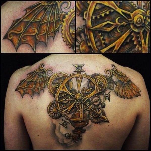 Angel Wings Steampunk Tattoo On Upper Back