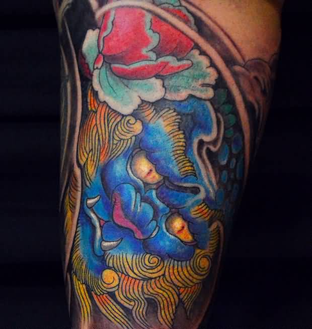 Angry Foo Dog With Flowers Colorful Tattoo