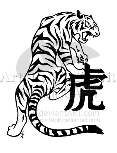 Angry Tribal Tiger With Language Symbol Tattoo Stencil