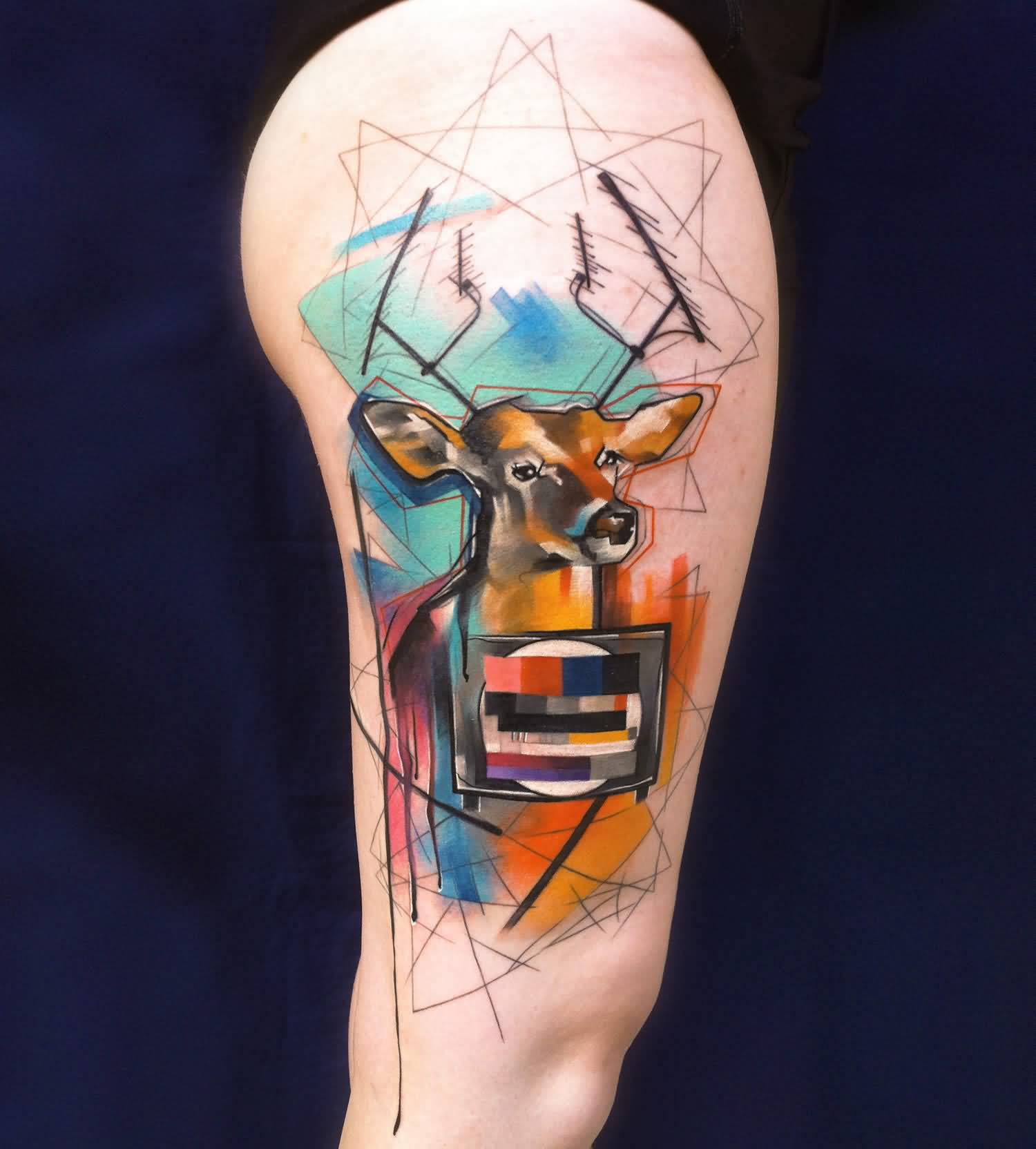 Artistic Deer Head Tattoo On Bicep by Ivana