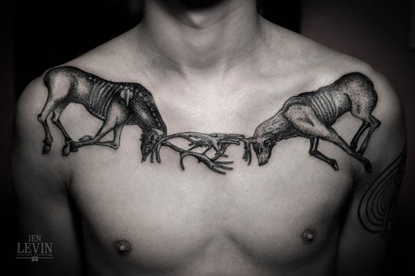 Artistic Deer Tattoos on Chest by Ien Levin