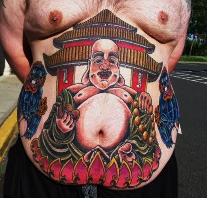 Asian Foo Dog With Buddha Colorful Tattoo On Belly