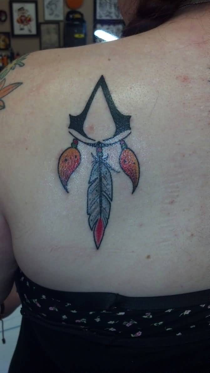 Assassins Creed Tattoo On Left Back Shoulder by Sarahbeth