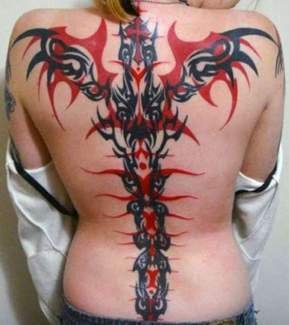 Astonishing Red And Black Tribal Girls Tattoo On Full back