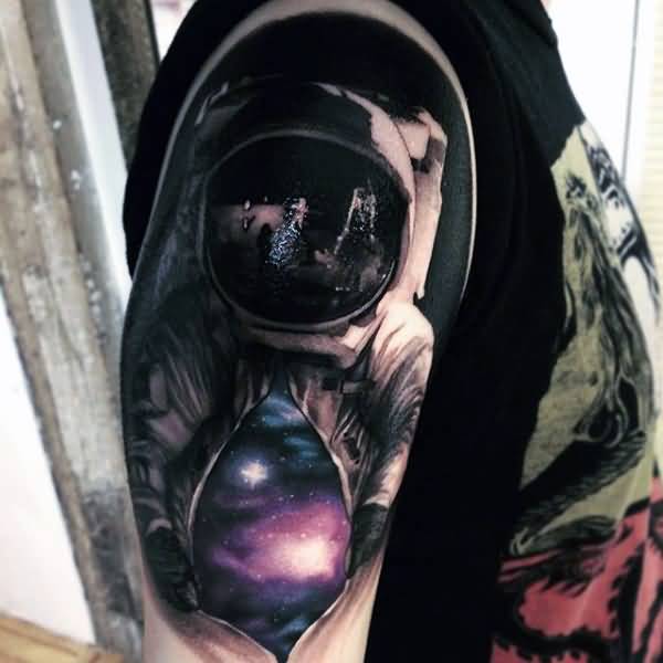 Astronaut In Universe Tattoo On Right Half Sleeve