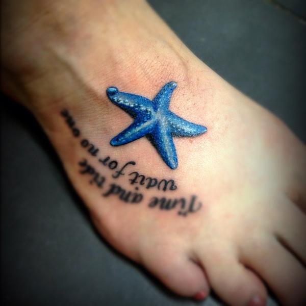 Awesome 3D Starfish With Lettering Tattoo On Foot