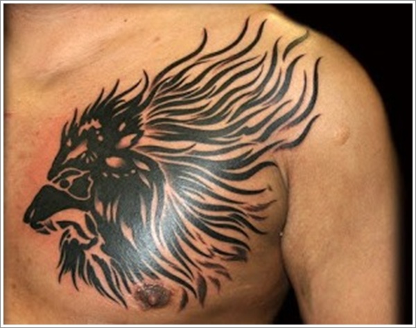 Awesome Black Ink Tribal Lion Head Tattoo On Chest