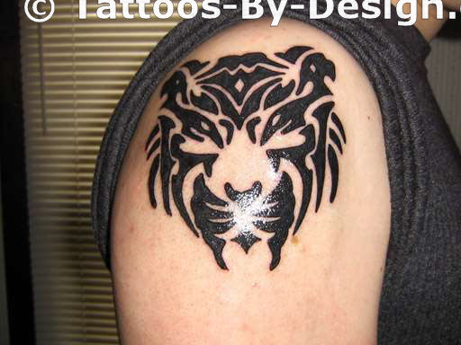 Awesome Black Ink Tribal Tiger Tattoo On Right Shoulder
