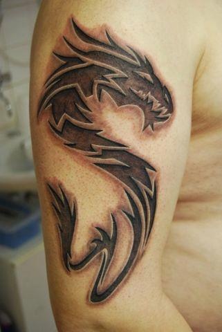 Awesome Brown Color Tribal Dragon Tattoo On Right Half Sleeve