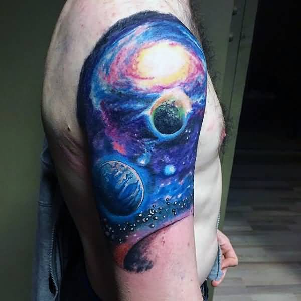 Awesome Color Ink Universe Tattoo On Right Shoulder