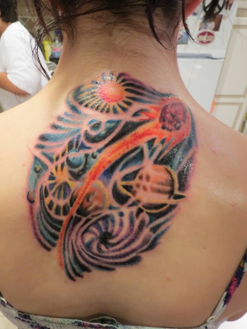 Awesome Color Universe Tattoo On Upper Back