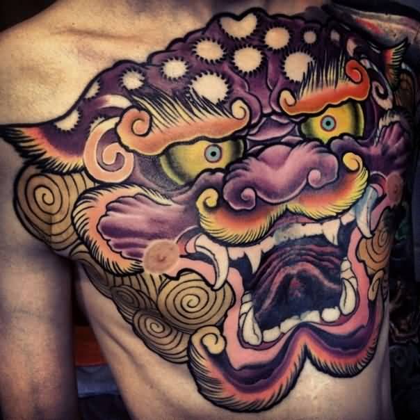 Awesome Colorful Foo Dog Head Tattoo On Chest