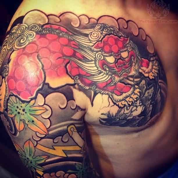 Awesome Foo Dog With Leaves Colorful Tattoo On Chest To Shoulder