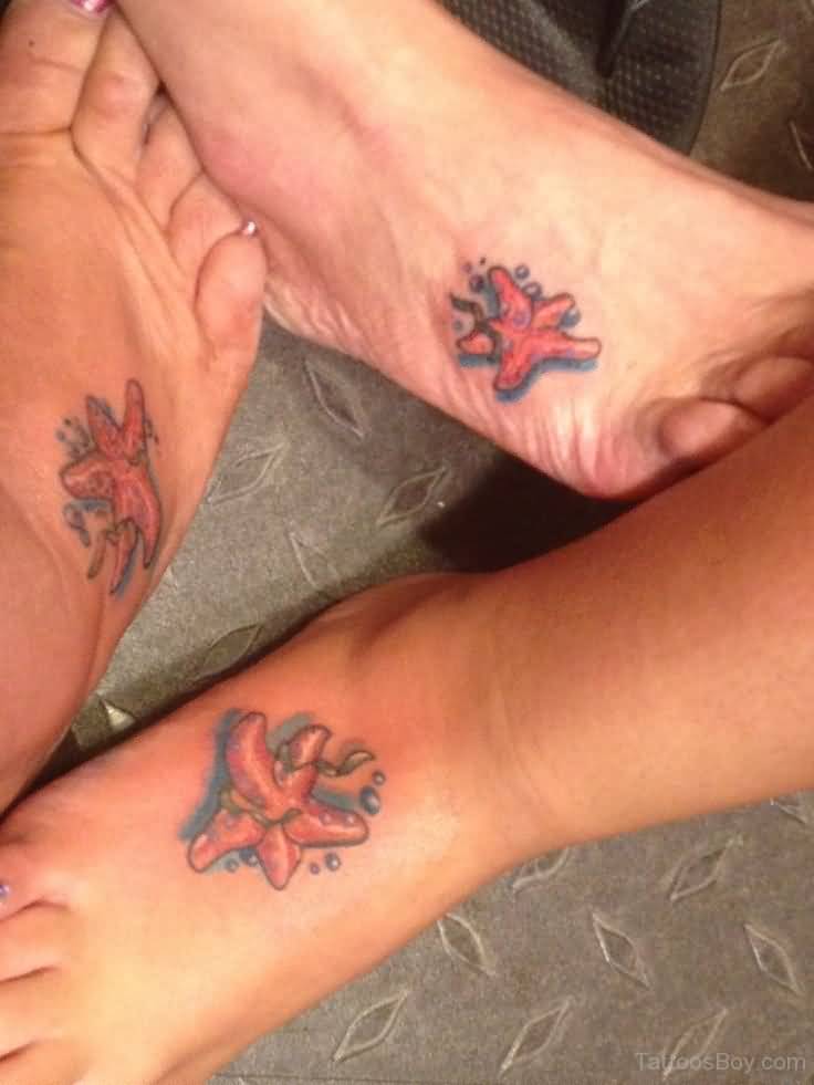 Awesome Friendship Starfish Tattoos On Foots